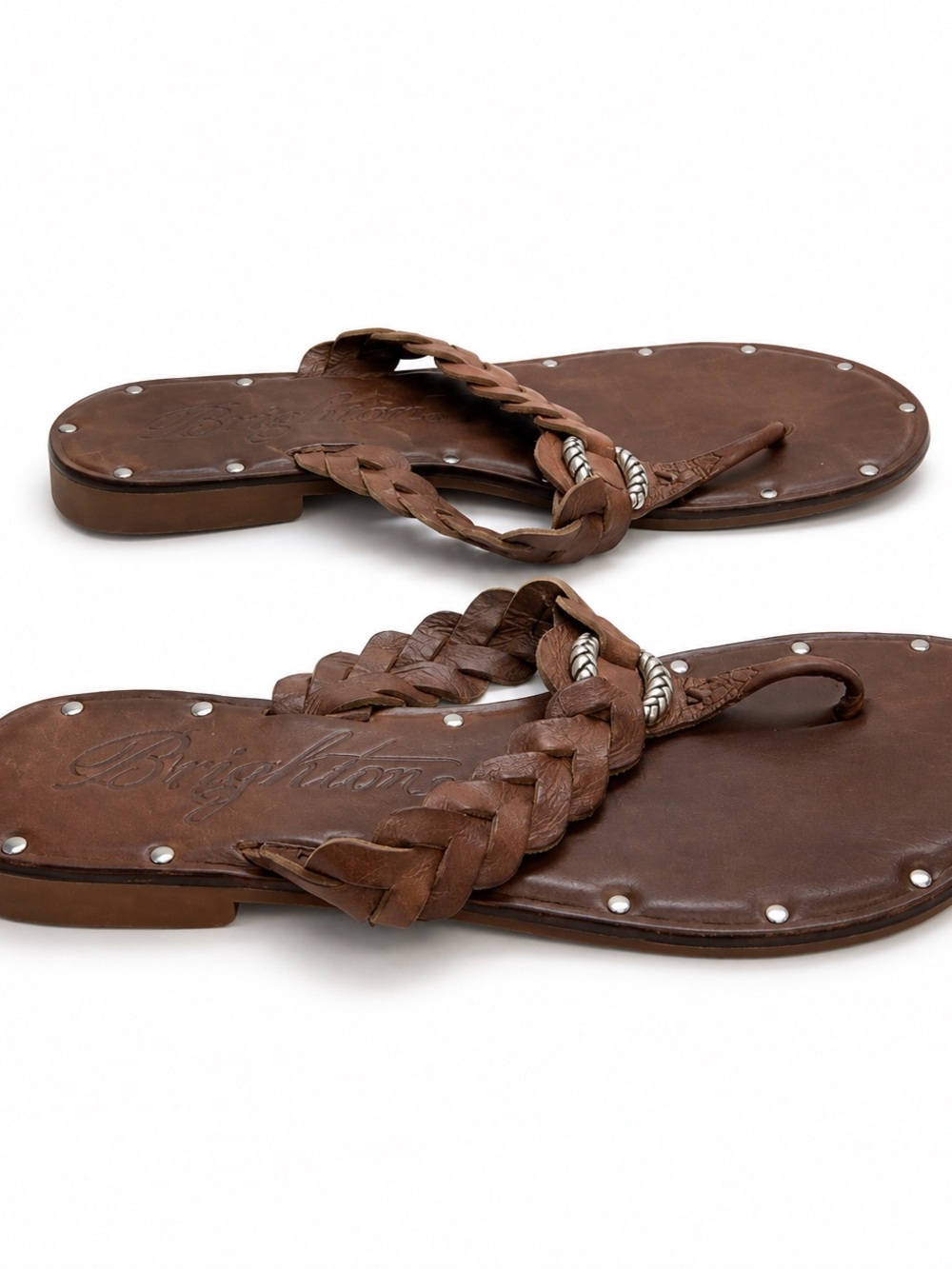 Brighton Brown Braided Leather Toe-Post Sandals with Silver Accents SIZE 9 - Picture 3 of 5